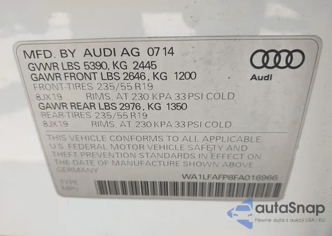 2015 Audi Q5 2.0T Premium z USA, uszkodzony, nr VIN WA1LFAFP8FA016966